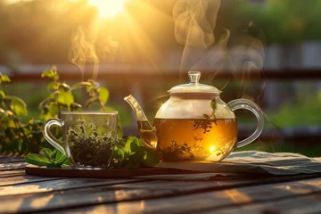 Keuken spatwand met foto Herb tea against the background of a bright sunny day © DK_2020