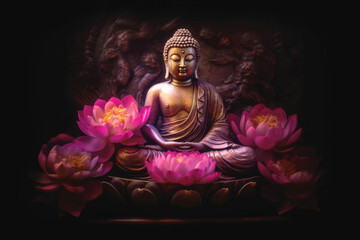 Buddha surrounded by lotus flowers. Leisure and relaxation meditation concept.