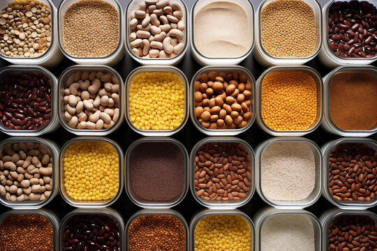 Top view of containers filled with a variety of grains and legumes. The organization and storage in a kitchen in containers. Generative AI