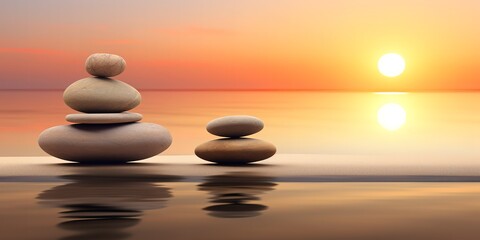 Obraz na płótnie Canvas A pile of Zen stones with a sunset background