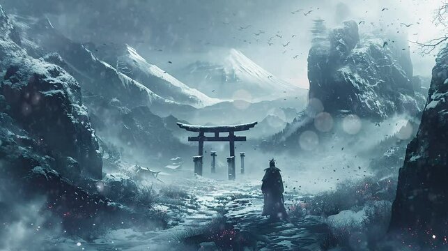 a knight heading towards a torii gate above the mountains. seamless looping time-lapse virtual video Animation Background.