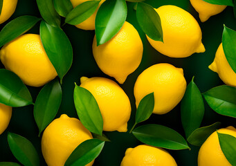Lemon with leaves background, top view, heap of citrus fruits
