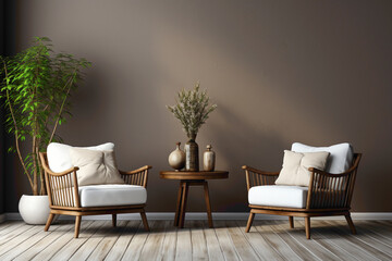 Enjoy a moment of serenity in this cozy setup with two chairs, a table, and a small plant, against a simple solid wall with a blank empty white frame for customization.
