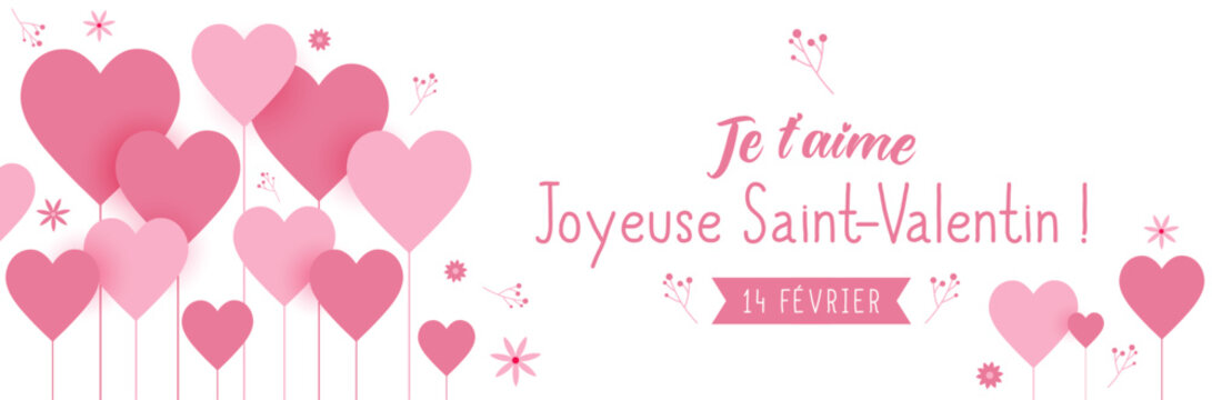 Bannière pour la Saint-Valentin - Ensemble d'illustrations de cœurs et éléments végétaux - Joyeuse Saint-Valentin - Je t'aime - 14 Février - Journée des amoureux - Couple - Soirée romantique