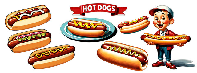 Collection of vintage illustrations with effects Halftone cartoon style in 1950's, Illustration of  hot dogs, Transparent background PNG.