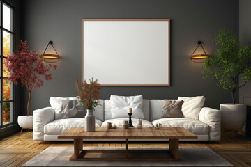 Envision a contemporary living room adorned with a white sofa and a stylish table against an empty blank frame, providing a clean slate for personalized text.