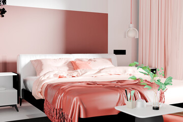 Pink bedroom interior with bed and copy space . 3d rendering