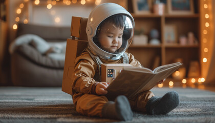 Asian boy in astronaut cardboard suit with helmet, dreaming about space, reading book in room. Concept of astronomy, space, future profession