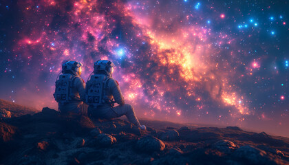 Two Astronauts visiting a new planet for life in the sparkle galaxy. Concept of astronomy, space - obrazy, fototapety, plakaty