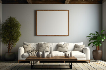 Envision a cozy lounge with a deep white sofa and a suitable table against an empty blank frame, offering a serene backdrop for customizable text.