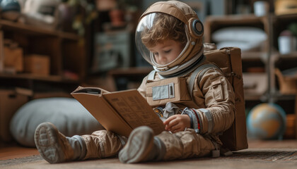 Boy in astronaut cardboard suit with helmet, dreaming about space, reading book in room. Concept of astronomy, space, future profession