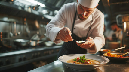 chef preparing food in restaurant, a photo of a cook wearing uniform and a chef hat leaning over a dish and serving soup on restaurant kitchen
