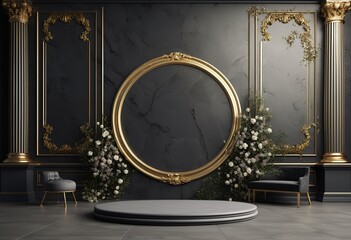 A mini stage with a black marble background decorated with flower arrangements behind it
