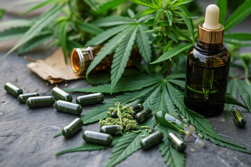 Marijuana derivatives for medicinal purposes, oil, green capsules with marijuana leaves on a gray background. - obrazy, fototapety, plakaty