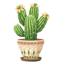 Blooming cactus in a decorative pot isolated on white background, cartoon style, png
