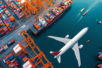  concept photo of container terminal and plane flying above indicating popular cargo means of transport