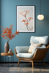 Envision the elegance of a beige armchair set against a captivating blue wall in a modern living room, showcasing a mock-up poster that adds a touch of sophistication to the interior design. 