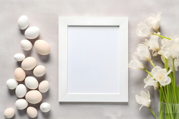 Fototapeta na wymiar photo frame with easter eggs and flower decoration, Generative AI