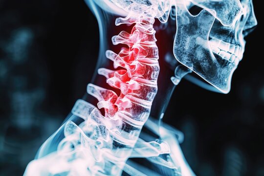 x-ray of neck pain with red area 