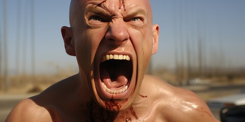 Bald man with a bloodied face snarls angrily, teeth clenched.