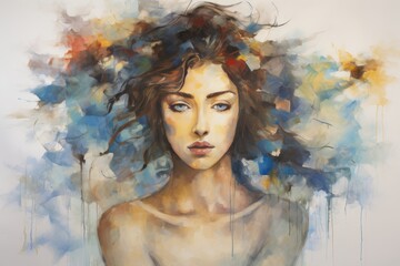 Expressive portrait of a woman with blue eyes, an emotional oil painting.