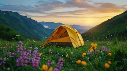 Camp tent on green grass forest with beautiful  flower on view nature - obrazy, fototapety, plakaty