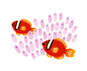 イソギンチャクに隠れるハマクマノミ【熱帯魚】の手描きイラスト