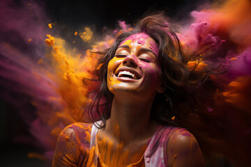 Obraz na płótnie Canvas Woman with colored powder on her face expresses joy, embodying a festival of color.