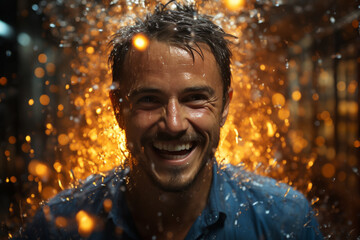 Man grins as water sprinkles on him, his joyous expression captured in a detailed portrait.