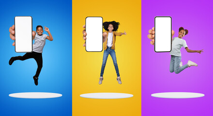 Great App. Group Of Happy Kids Jumping With Blank Smartphones In Hands