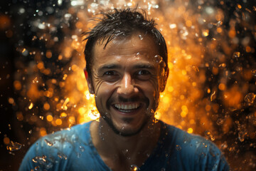 Fototapeta na wymiar Man in a blue shirt smiles amidst the rain, his portrait detailed and vibrant.