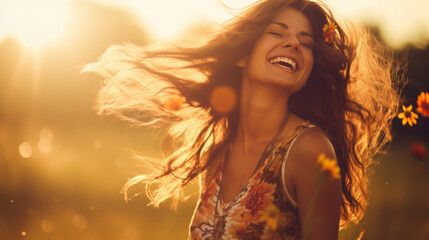 Obraz premium Joyful young woman stands in a flower field, her playful smile radiating in the sunny day.