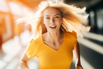 Woman in a yellow shirt runs, her attractive features radiating beauty. - obrazy, fototapety, plakaty