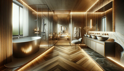 general view of a luxury bathroom with a shower, bath, washbasin, and mirror. The scene should depict - Powered by Adobe