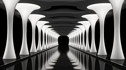 Black and white photo of a long, symmetrically lit hallway in a futuristic setting.