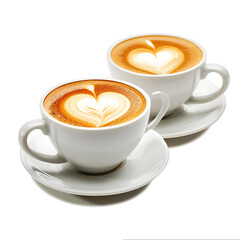 Two cups of coffee with heart-shaped foam isolated on white background, png
