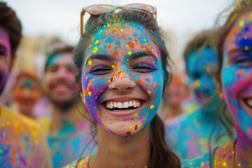 woman with colorful paint on her faces during the festival of holi colors - obrazy, fototapety, plakaty