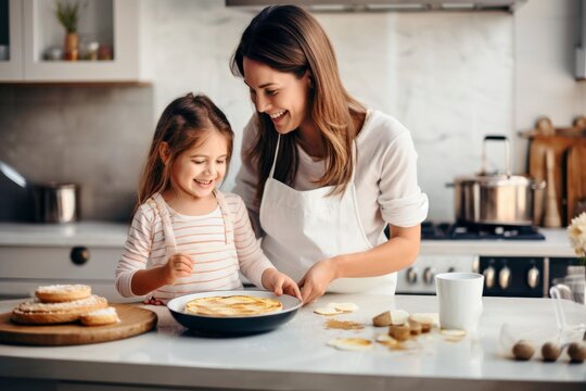 M&egrave;re et fille heureuses pr&eacute;parant des cr&ecirc;pes dans une cuisine moderne pour la Chandeleur