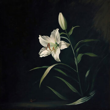 painting of White lily on a dark background. Oil painting on canvas.