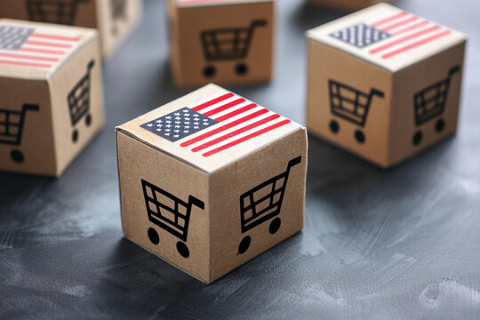 Box with shopping cart logo and The United States of America USA flag : Import Export Shopping online or eCommerce delivery service store product shipping, trade, supplier concept.