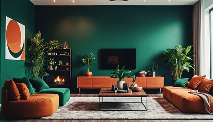 interior design of a modern living room in black, orange and green tones, a modern room with orange, green and black furniture
