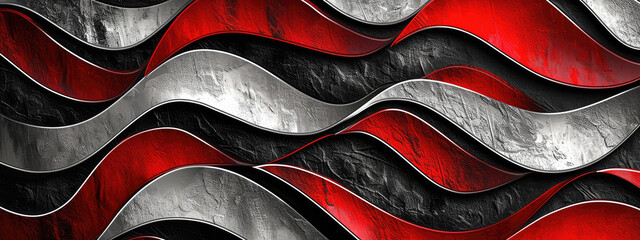 Modern abstract 3D wave background with a mix of bold red, black and metallic silver - obrazy, fototapety, plakaty
