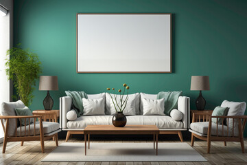 A modern and stylish living room mockup featuring solid colorful elements and a blank empty frame, creating an elegant and high-definition scene for your copy.