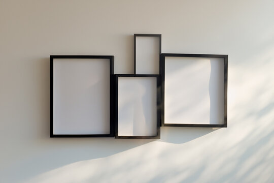 designer room. black photo frames of different sizes hang on a white wall. interior room concept