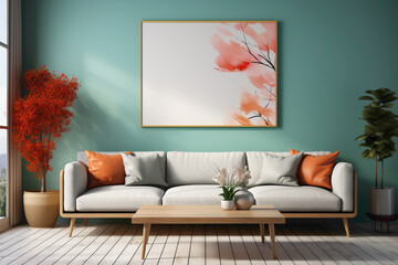 A modern and stylish living room mockup featuring solid colorful elements and a blank empty frame, creating an elegant and high-definition scene for your copy.