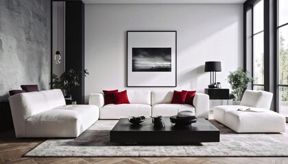 interior design of a modern living room in white, red and black tones, a modern room with black, white and red furniture