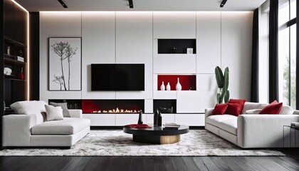 interior design of a modern living room in white, red and black tones, a modern room with black, white and red furniture