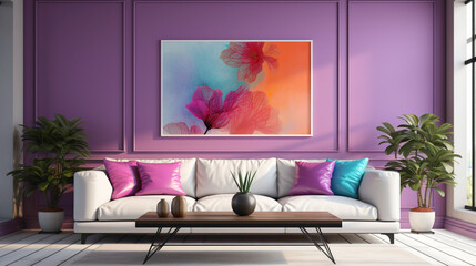 A modern living room in vibrant hues, enhanced by a blank empty white frame on the wall, providing a perfect spot for personalized artwork or memories.