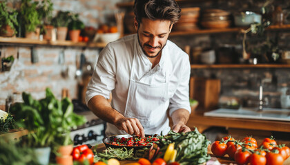 Obraz premium handsome happy young man cooks in the kitchen at home