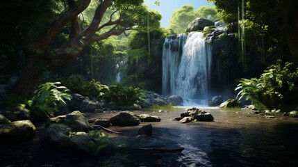In this realistic 3D render, a serene waterfall cascades into a clear pool, surrounded by lush greenery